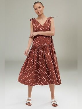 New ASOS Cotton Polka Dots Drop Waited Volume Midi Dress In Brown & Cream Sz 10